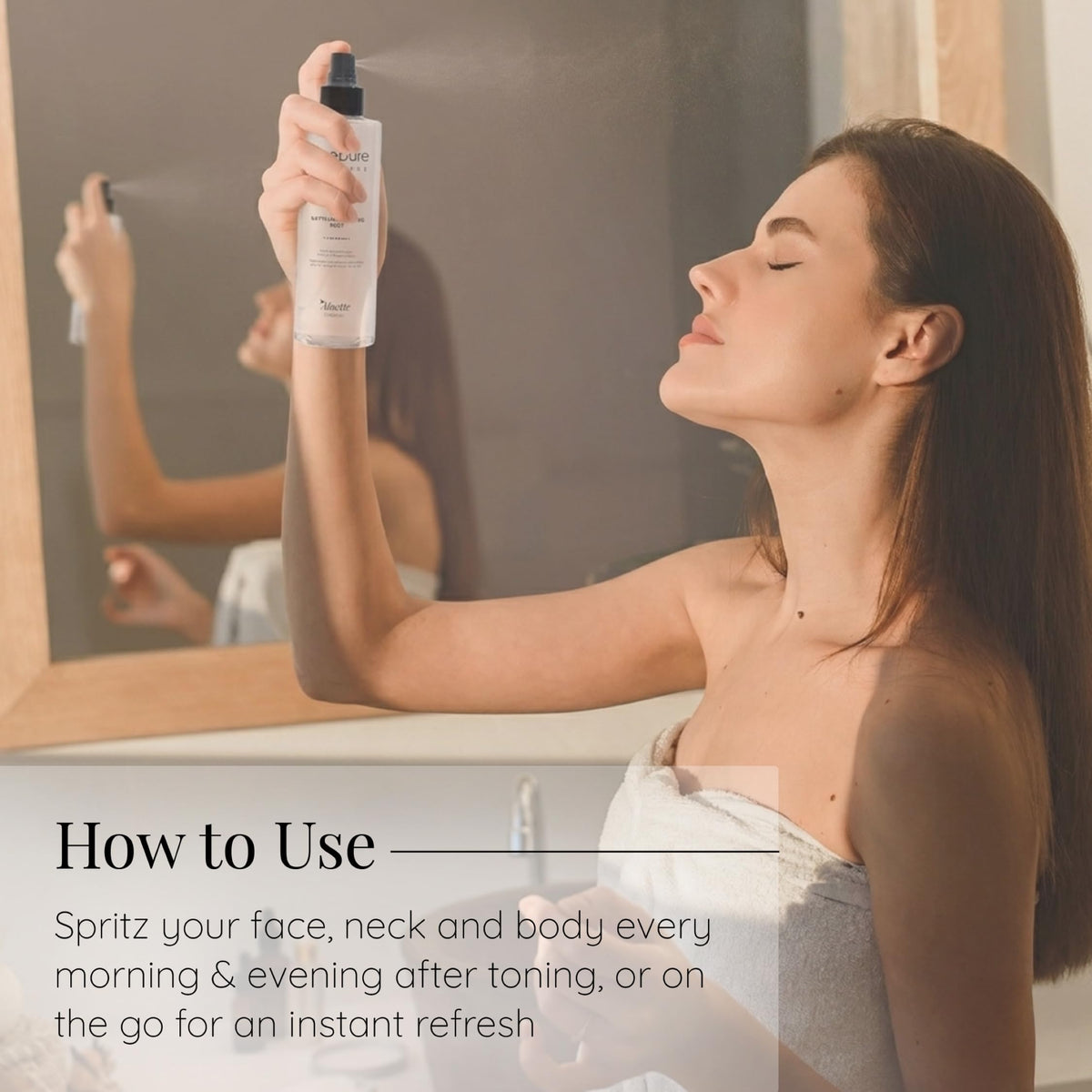 Aloette spray on arms after sun exposure, soothes and cools skin
