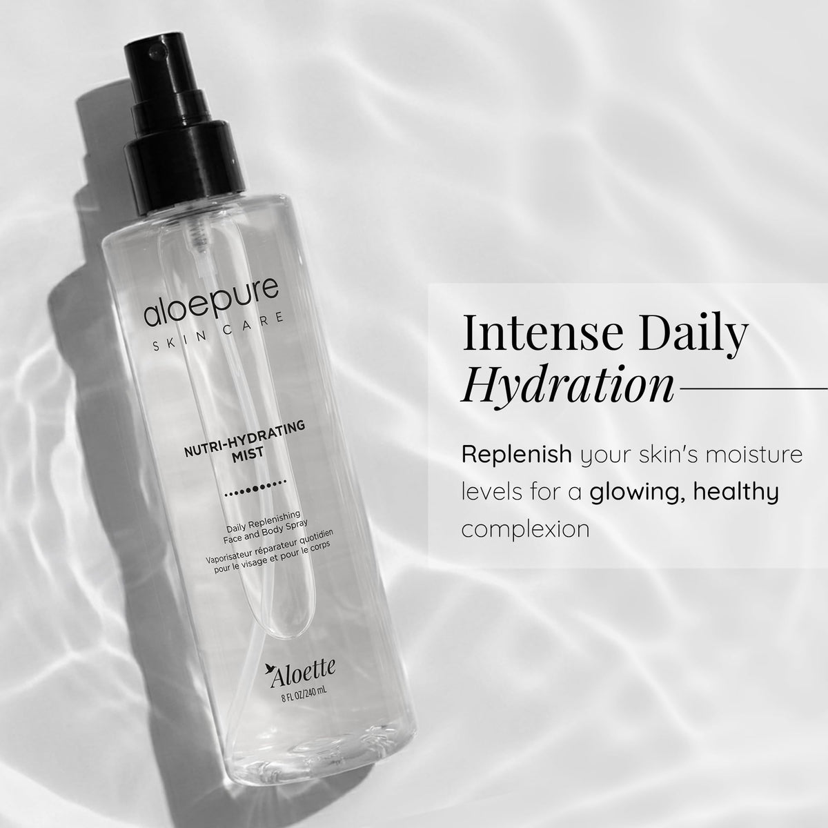 Aloette close-up of spray droplets and texture, lightweight hydration benefit