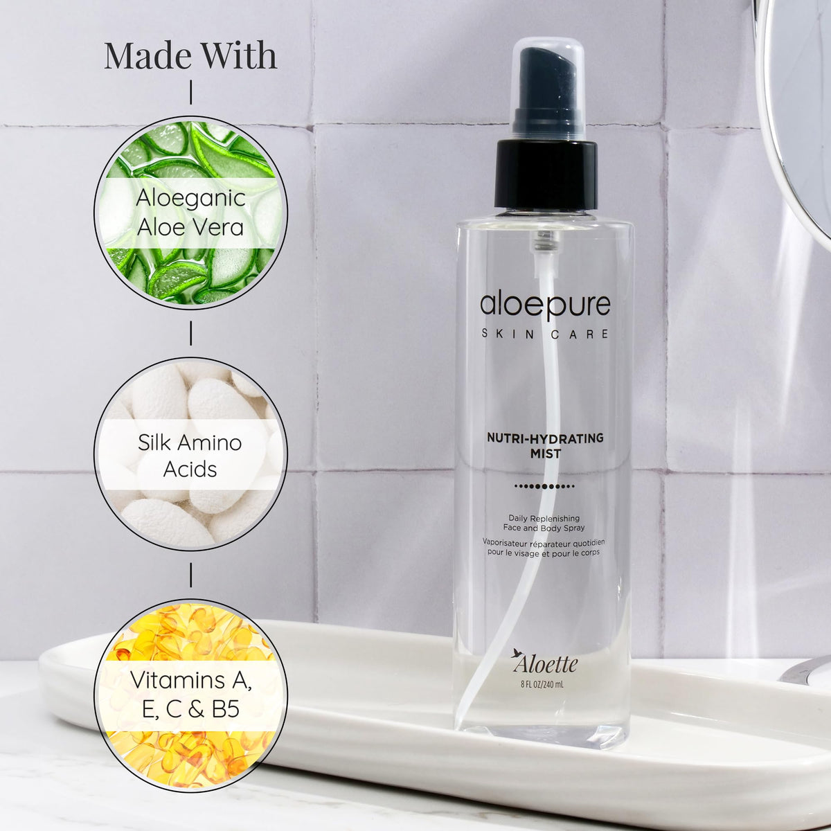 Aloette mist in use on face and neck, refreshes skin instantly