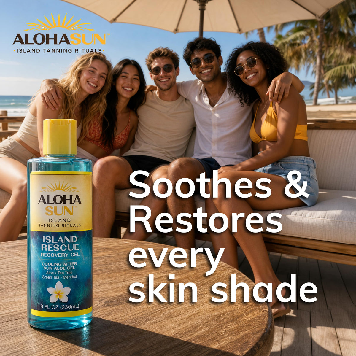 Aloha Sun applied to shoulder showing cooling effect and even-tone support after sun