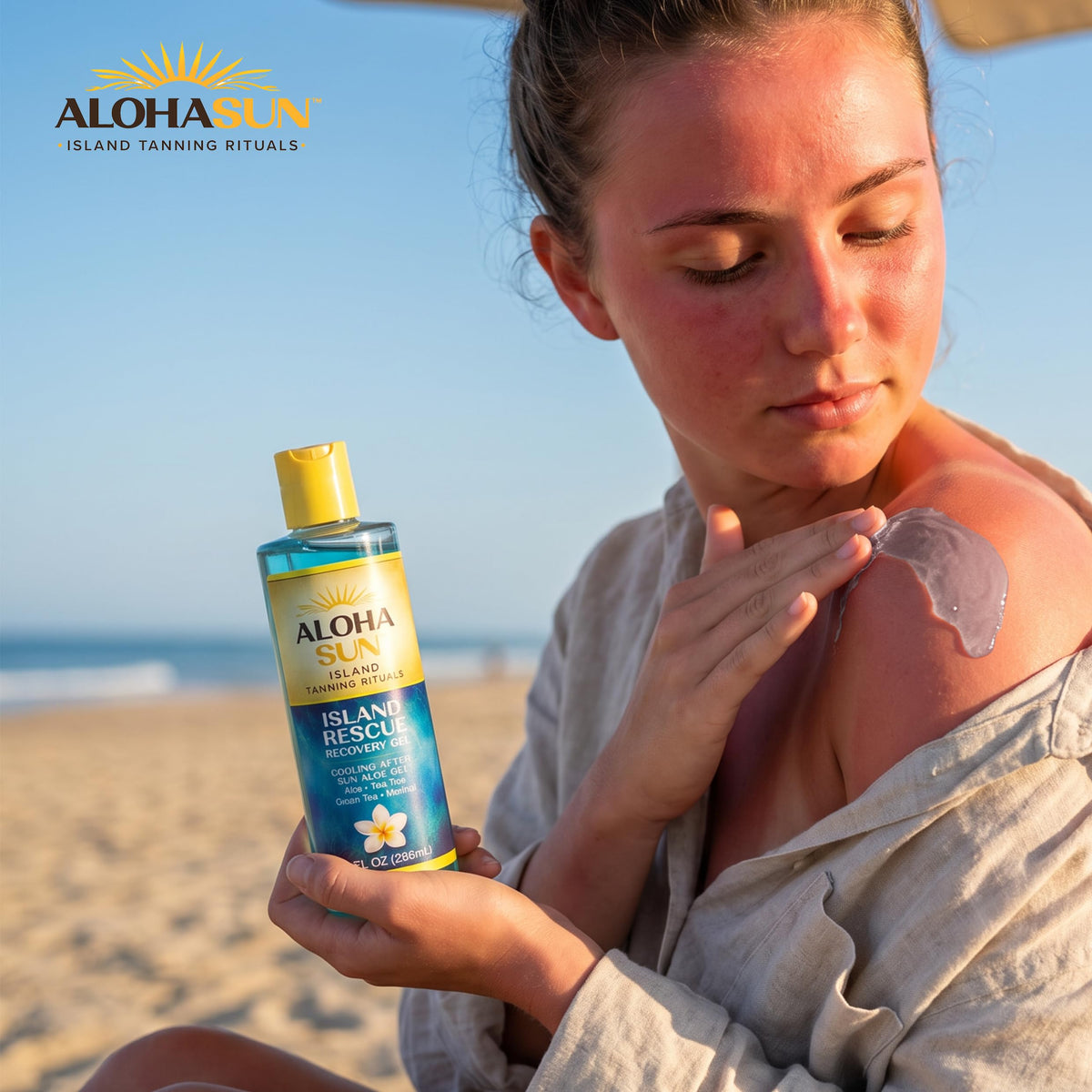 Aloha Sun size comparison next to sunglasses showing compact, travel-friendly 8 oz