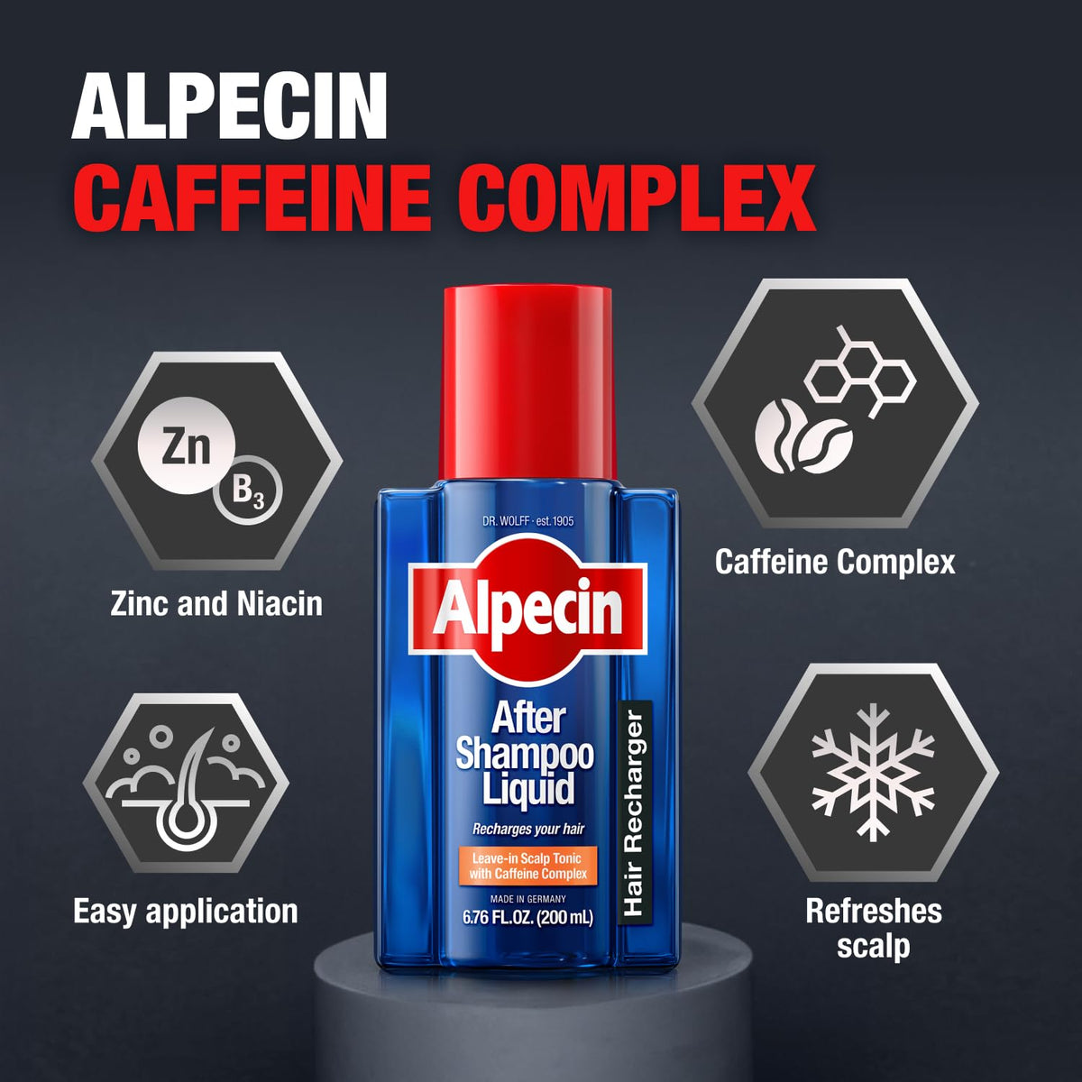 Alpecin bottle held in hand demonstrating compact size and easy handling
