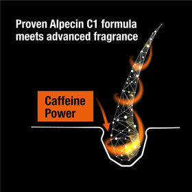 Close-up of Alpecin label highlighting caffeine formula and product benefits