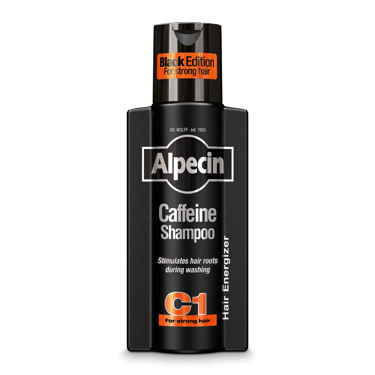 Alpecin bottle front view showing brand and bold design for confident grooming