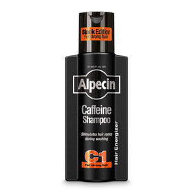 Alpecin bottle front view showing brand and bold design for confident grooming