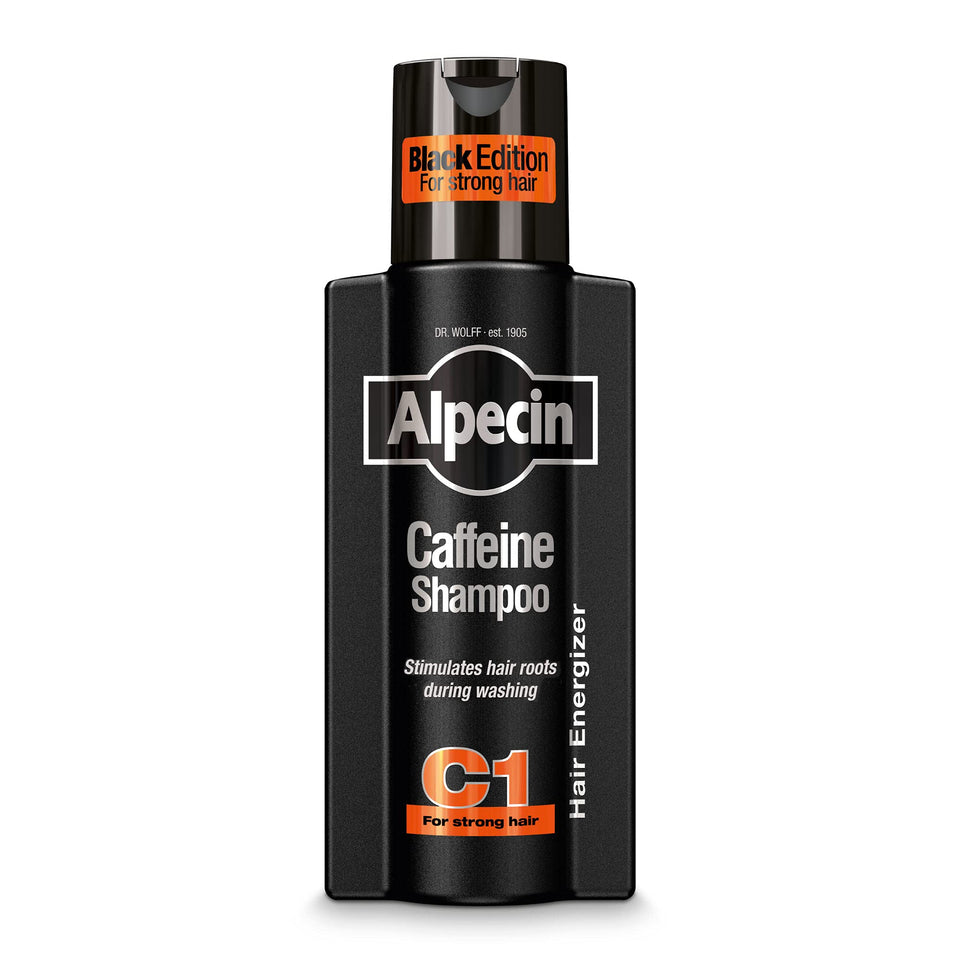 Alpecin bottle front view showing brand and bold design for confident grooming