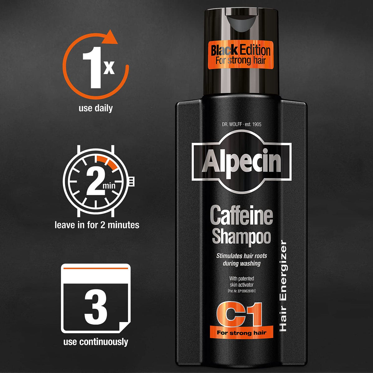 Alpecin bottle beside a ruler to show the 8.45 oz size and travel-friendly scale