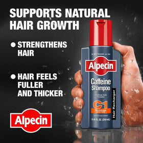 Alpecin bottle on shower shelf with other items, brand supporting daily routine