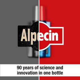 Close-up of Alpecin label listing caffeine, zinc, niacin and sulfate-free claim benefit
