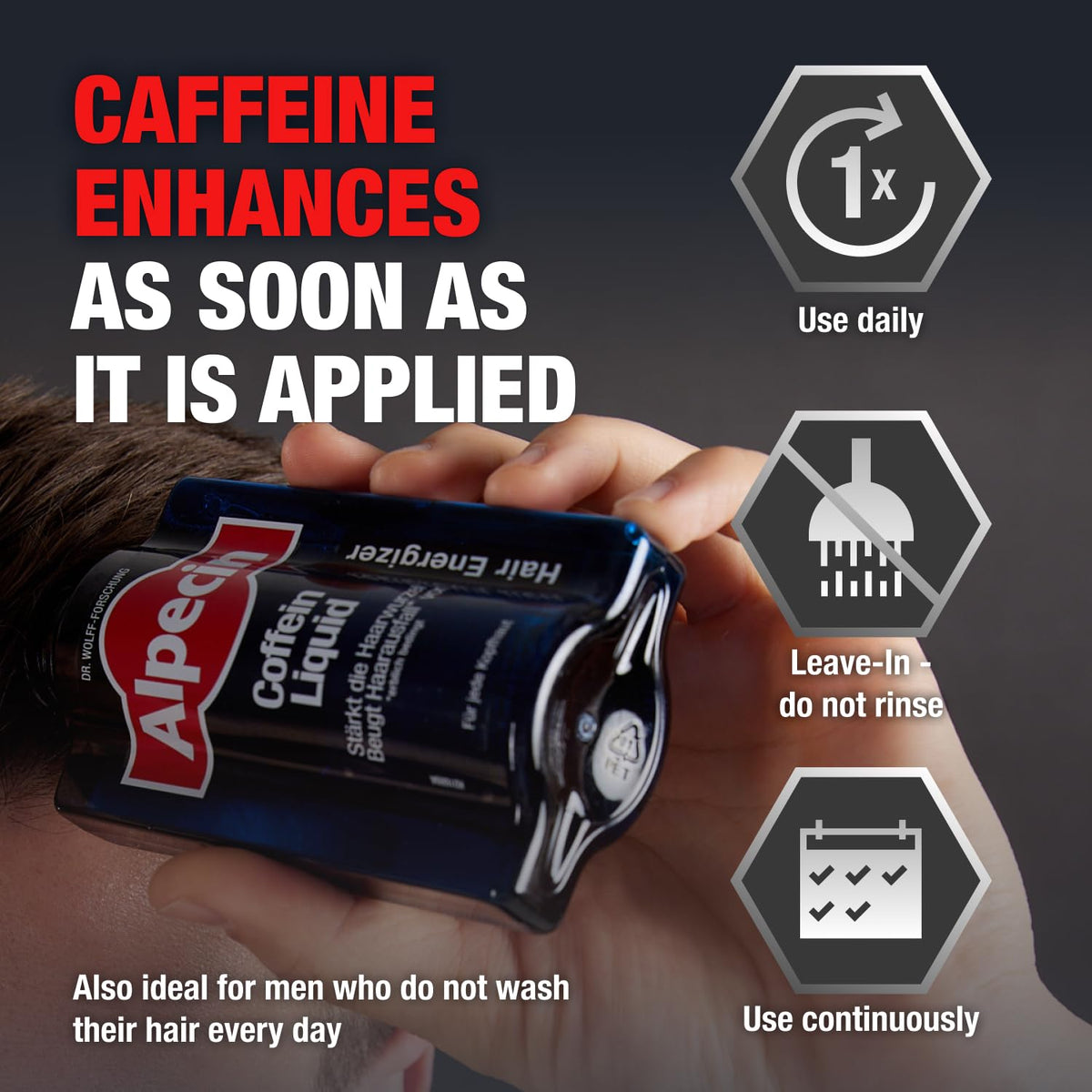Alpecin texture on palm illustrating lightweight, non-greasy finish