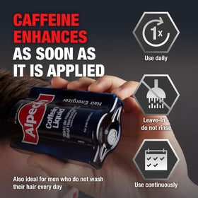 Applying Alpecin topical solution to scalp demonstrating targeted caffeine delivery benefit