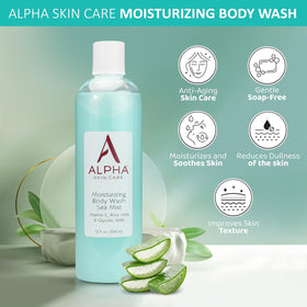 Alpha close-up of label highlighting glycolic AHA and vitamin E benefits