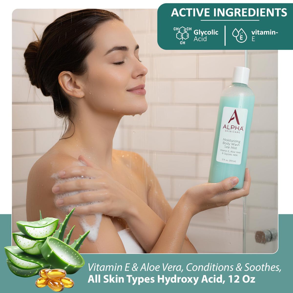 Alpha body wash in shower scene illustrating daily use and conditioning benefit