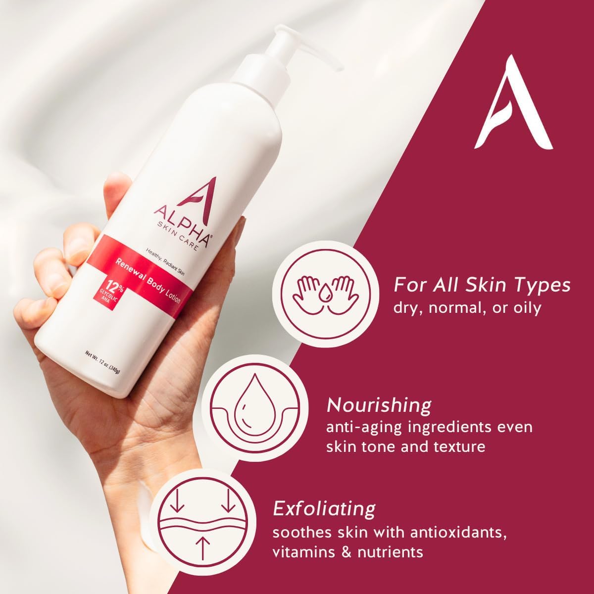 Alpha lotion texture close-up on fingertip, shows smooth lightweight absorbency