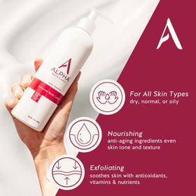 Alpha lotion texture close-up on fingertip, shows smooth lightweight absorbency