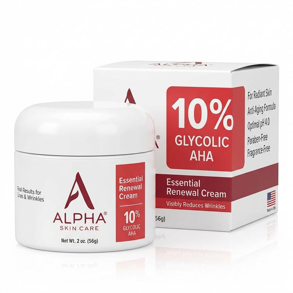 Alpha front packaging showing product name and 10% glycolic focus for clearer skin