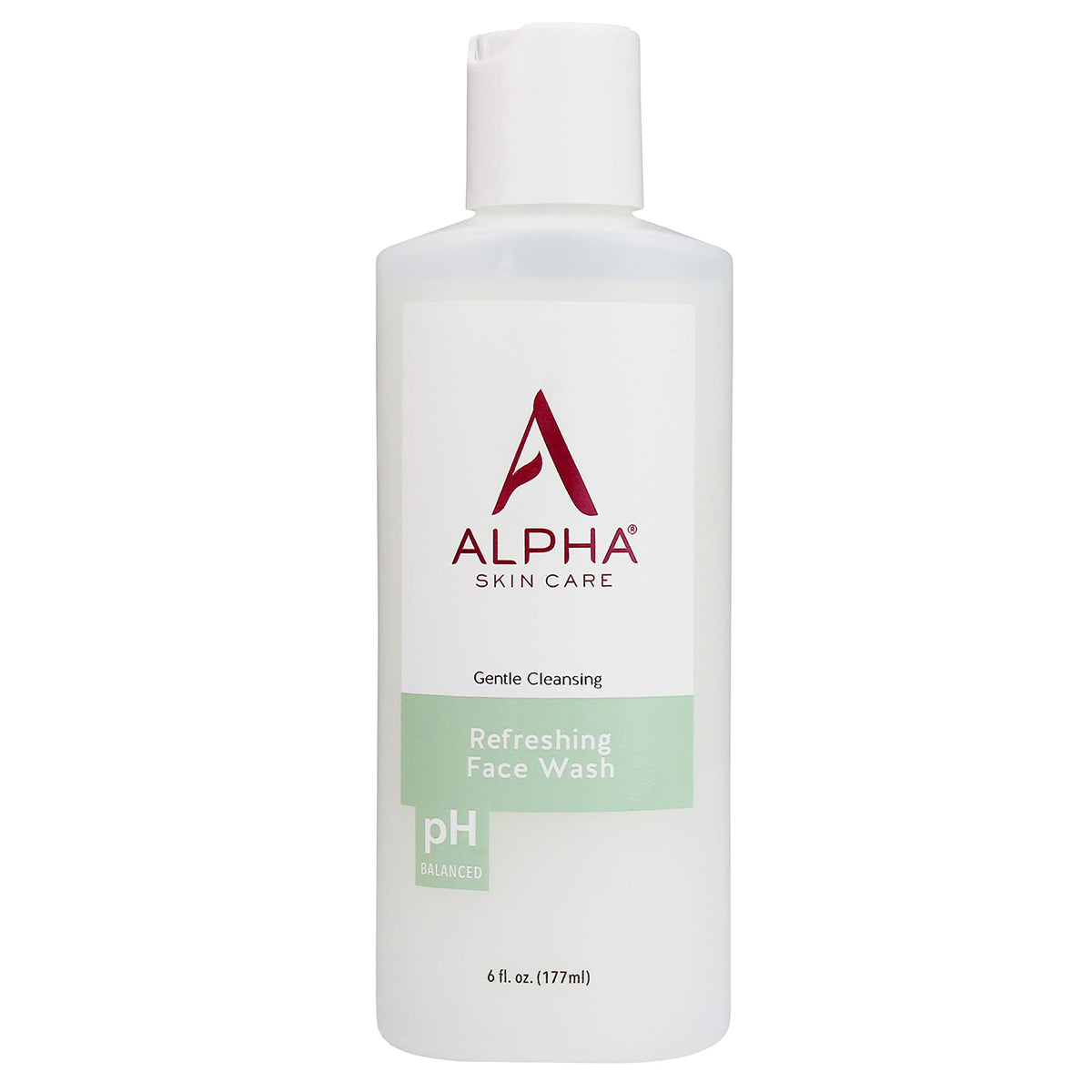 Alpha face wash front bottle showing label and size, clear benefit of balanced cleansing