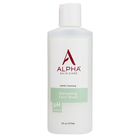 Alpha face wash front bottle showing label and size, clear benefit of balanced cleansing