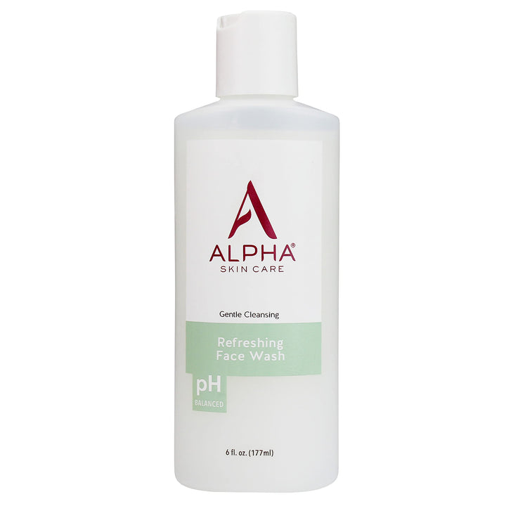 Alpha face wash front bottle showing label and size, clear benefit of balanced cleansing