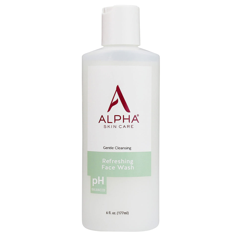 Alpha face wash front bottle showing label and size, clear benefit of balanced cleansing