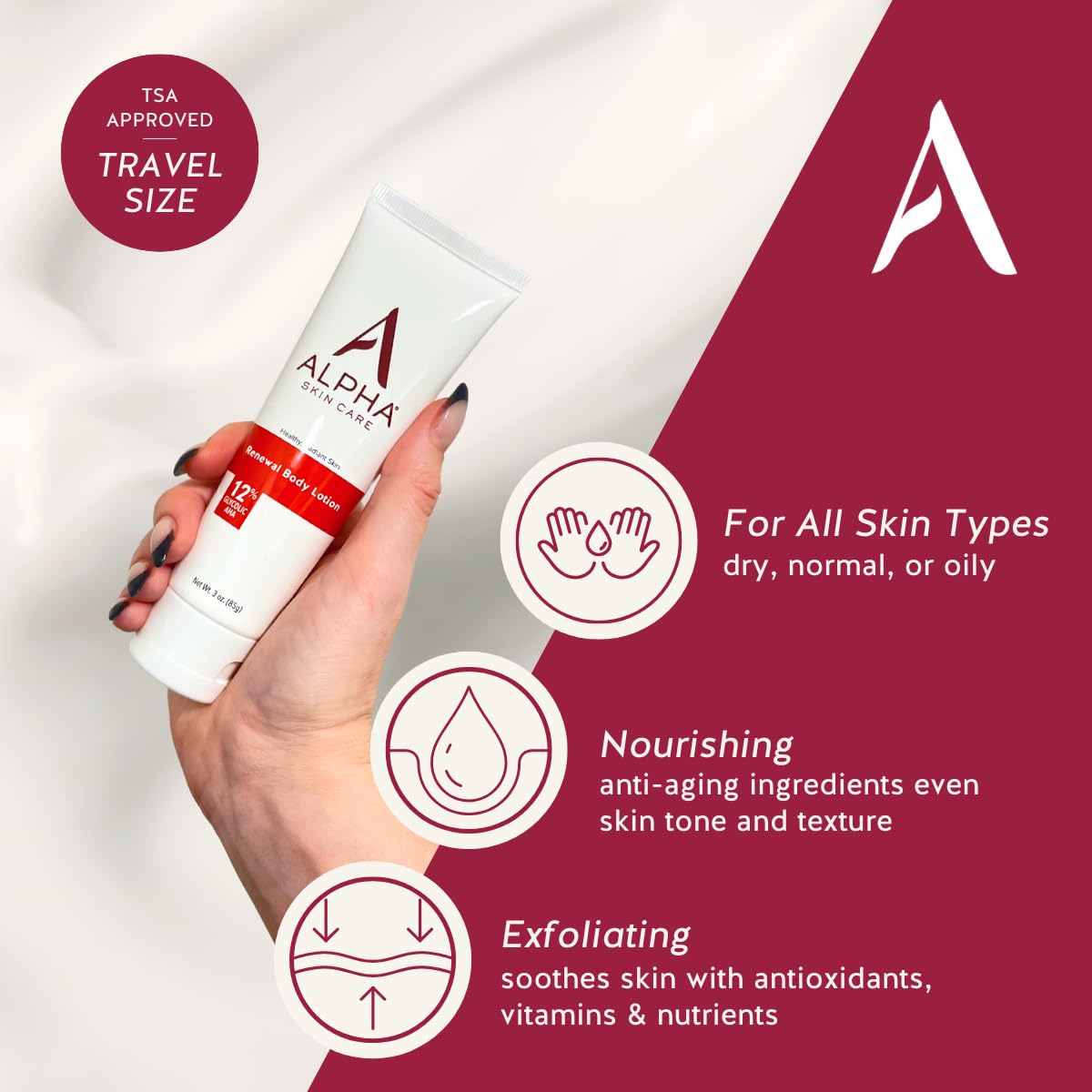 Alpha lotion texture close-up showing hydrating, exfoliating finish