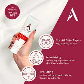 Alpha lotion texture close-up showing hydrating, exfoliating finish