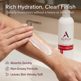 Alpha pump dispensing lotion into hand for controlled, mess-free use