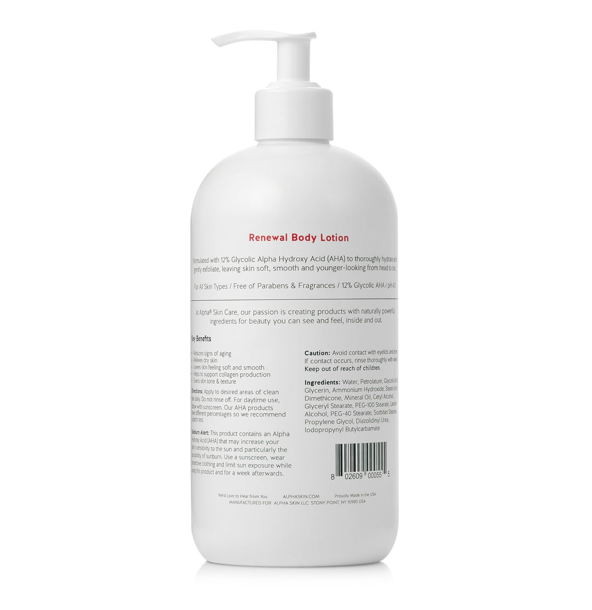 Alpha lotion next to hand showing 23 oz size for long-term use