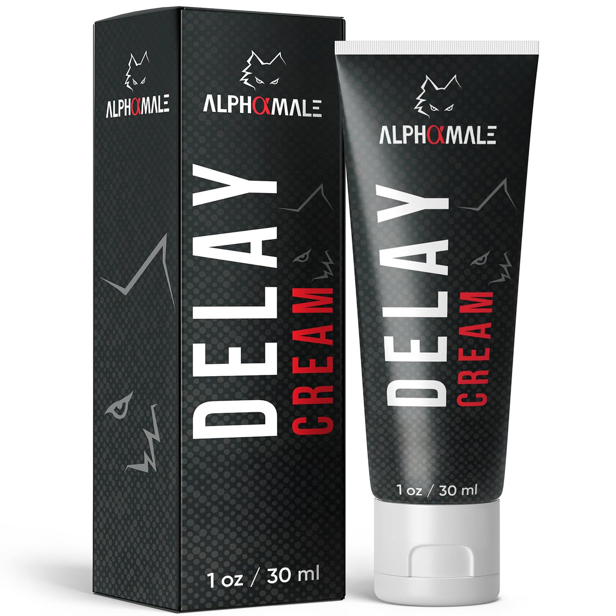 AlphaMale delay cream front view showing 1oz tube and clear branding for confidence