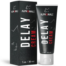 AlphaMale delay cream front view showing 1oz tube and clear branding for confidence