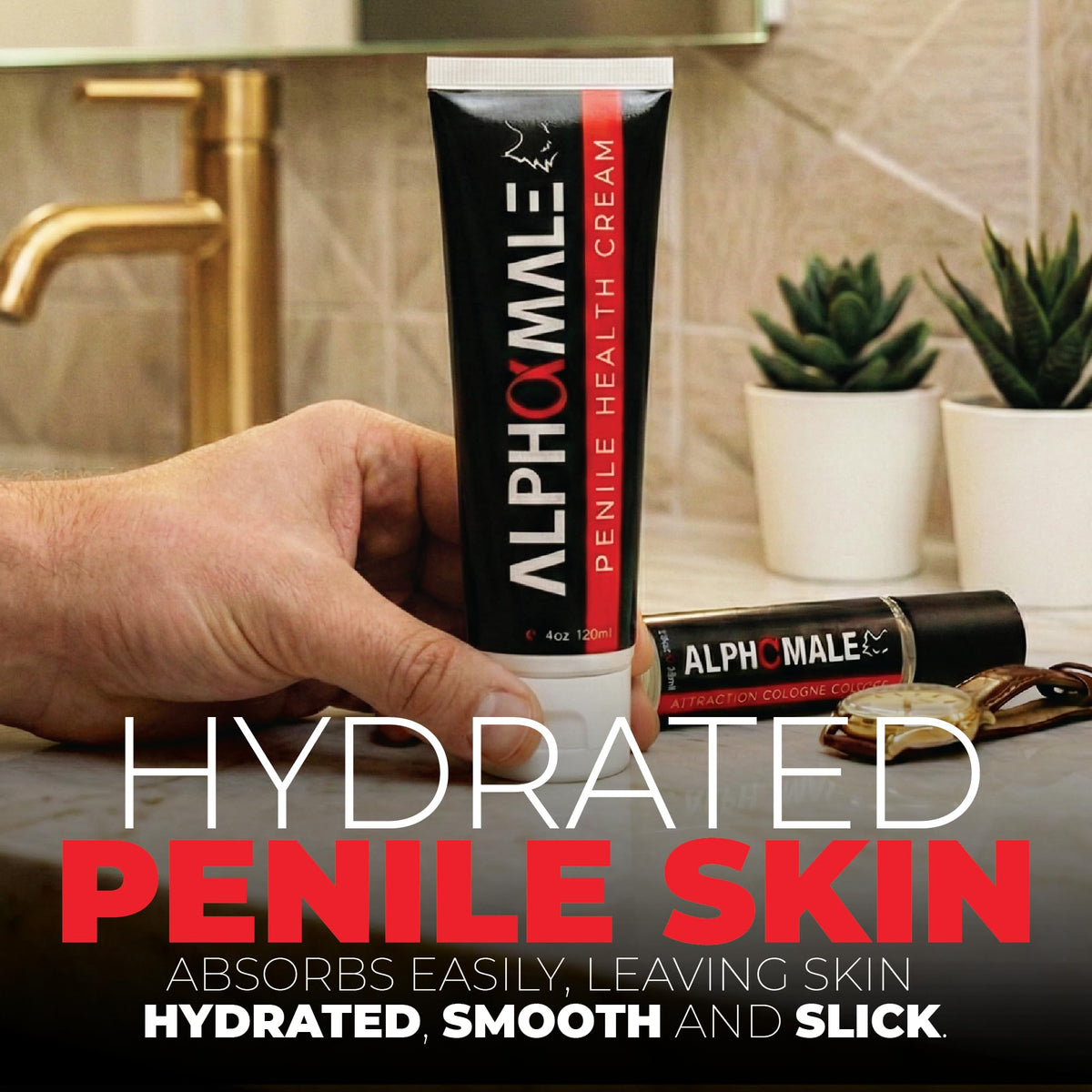 AlphaMale cream applied to hand demonstrating easy application and non-greasy feel