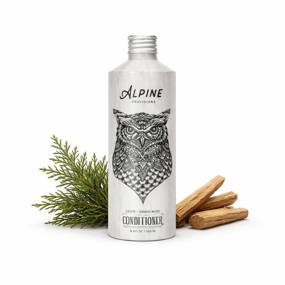 Alpine Provisions bottle front showing cedar sandalwood scent and benefit of hydration