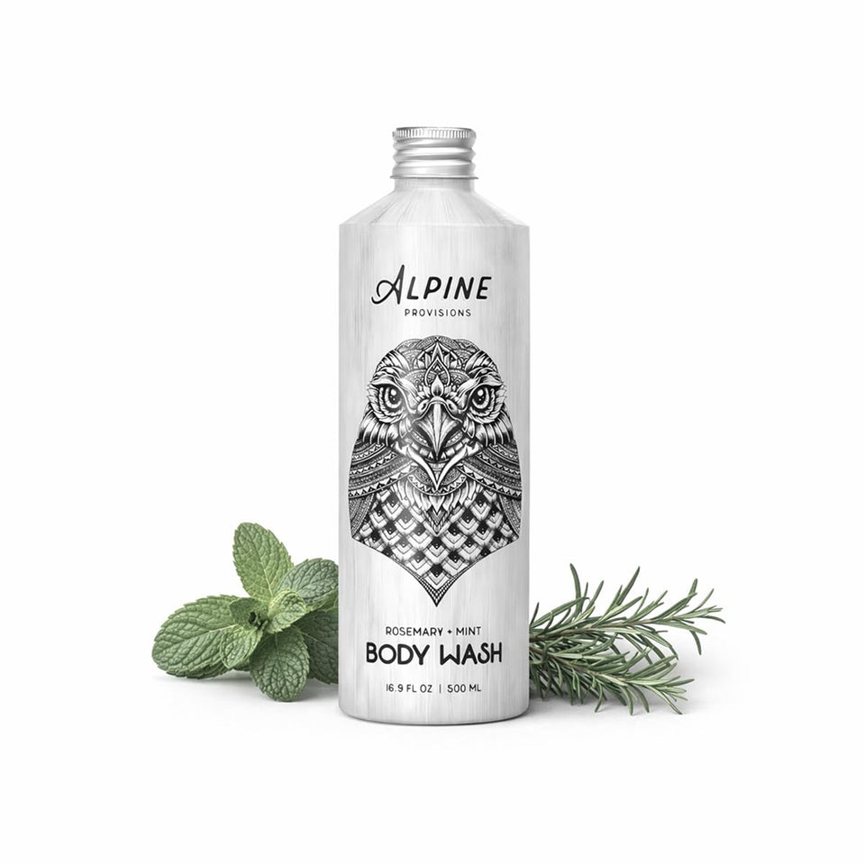 Alpine Provisions front bottle showing aluminum packaging and rosemary mint scent benefit