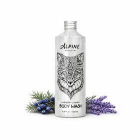 Alpine Provisions front bottle shows lavender juniper branding and recyclable aluminum