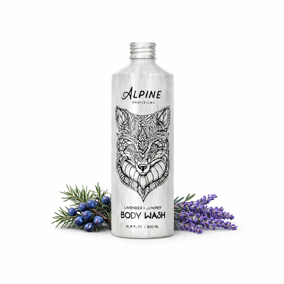 Alpine Provisions front bottle shows lavender juniper branding and recyclable aluminum