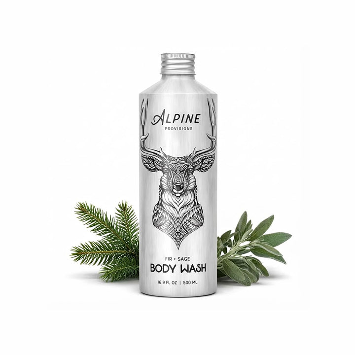 Alpine Provisions front bottle showing label and recyclable aluminum with clear ingredient benefit