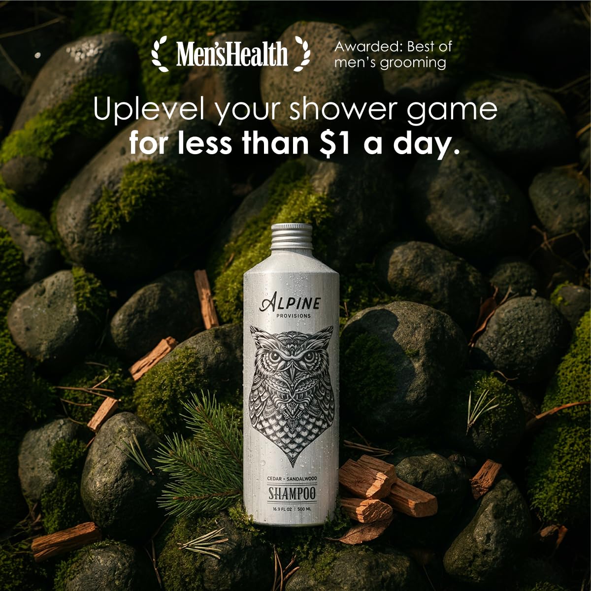 Alpine Provisions bottle on shower shelf styled to show spa-like, woodsy grooming routine