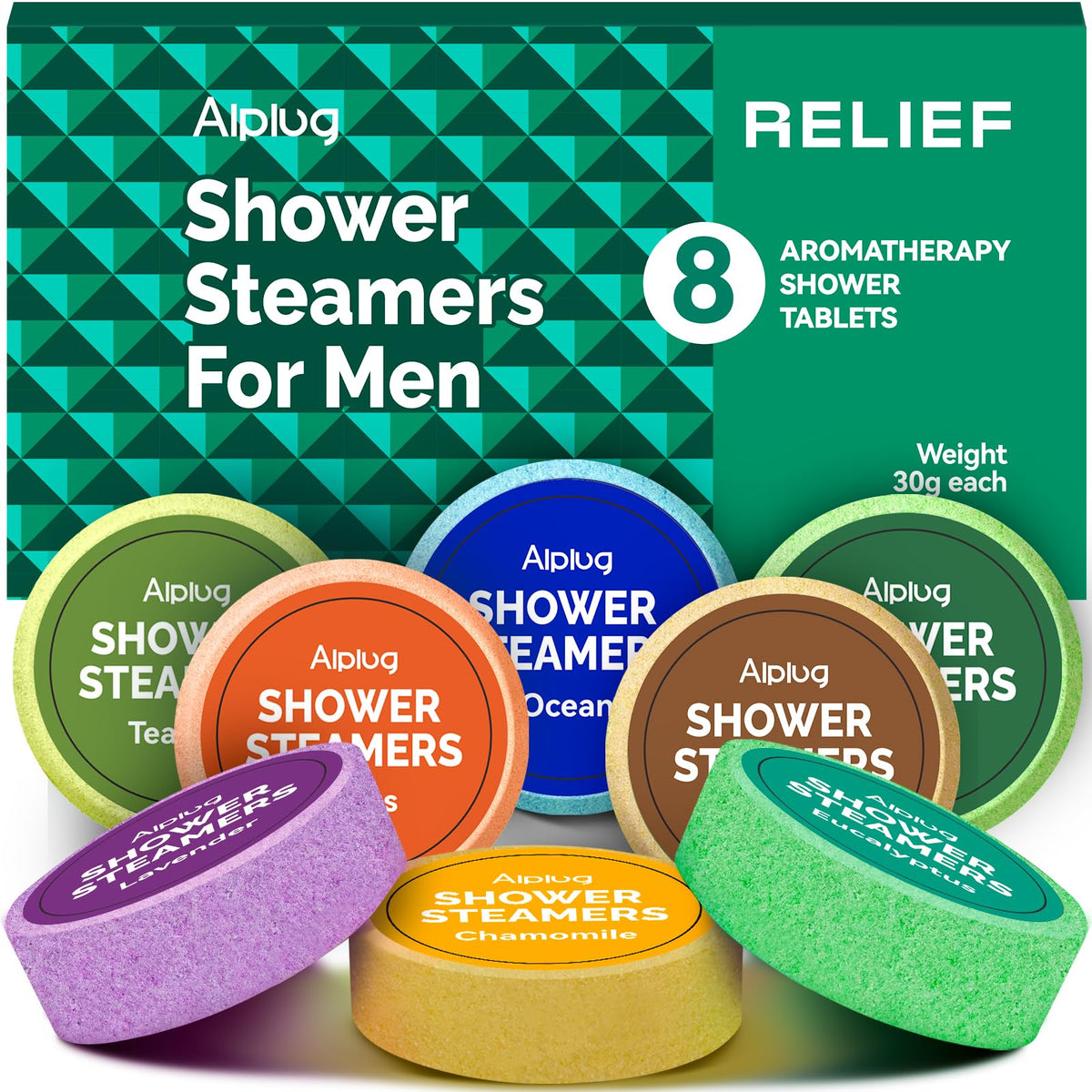 ALPLUG front packaging showing eight shower steamers and brand benefits