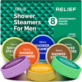 ALPLUG front packaging showing eight shower steamers and brand benefits