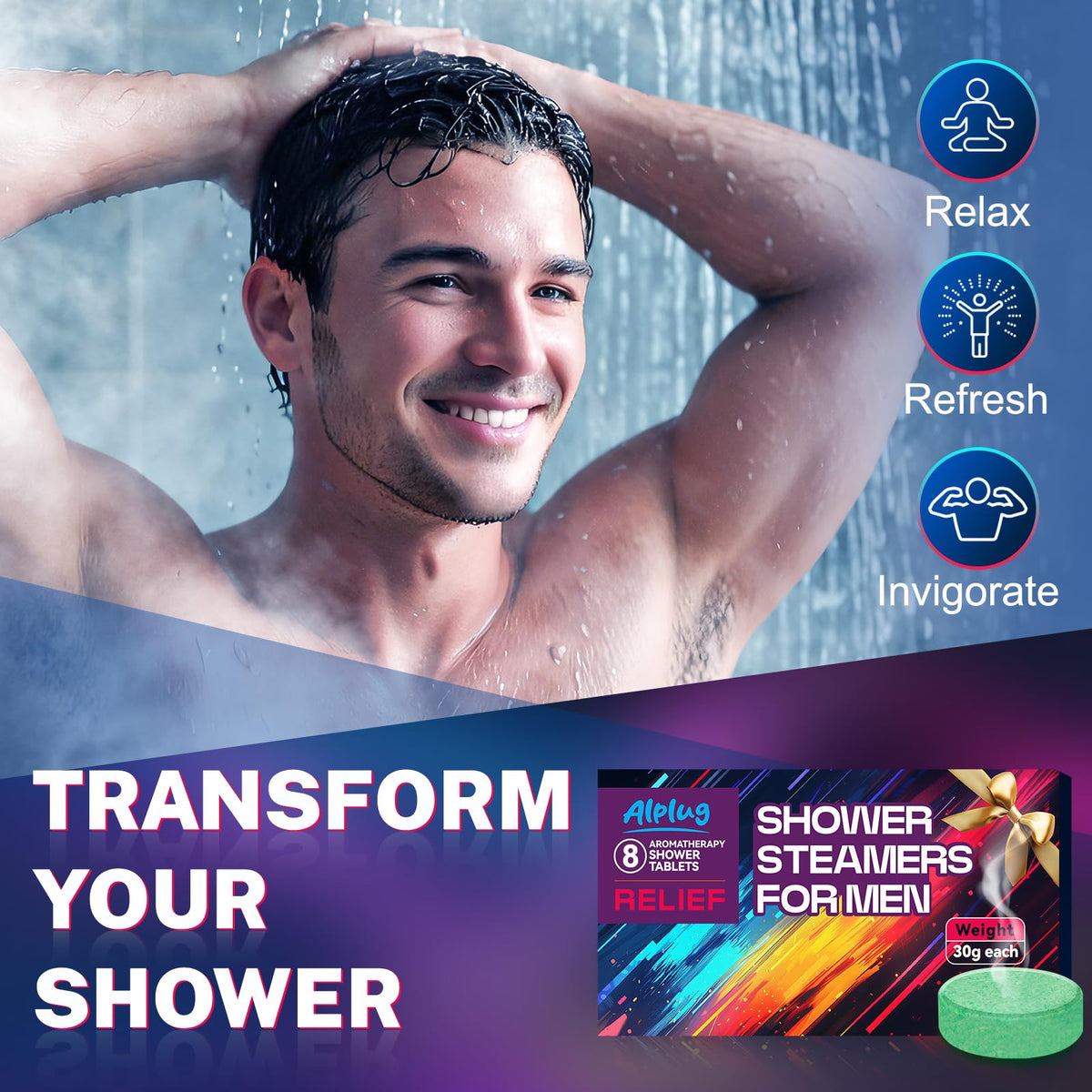 ALPLUG steamer fizzing on shower floor releasing aromatic steam benefits