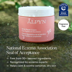 Application on cheek showing Alpyn calming redness and improving skin look
