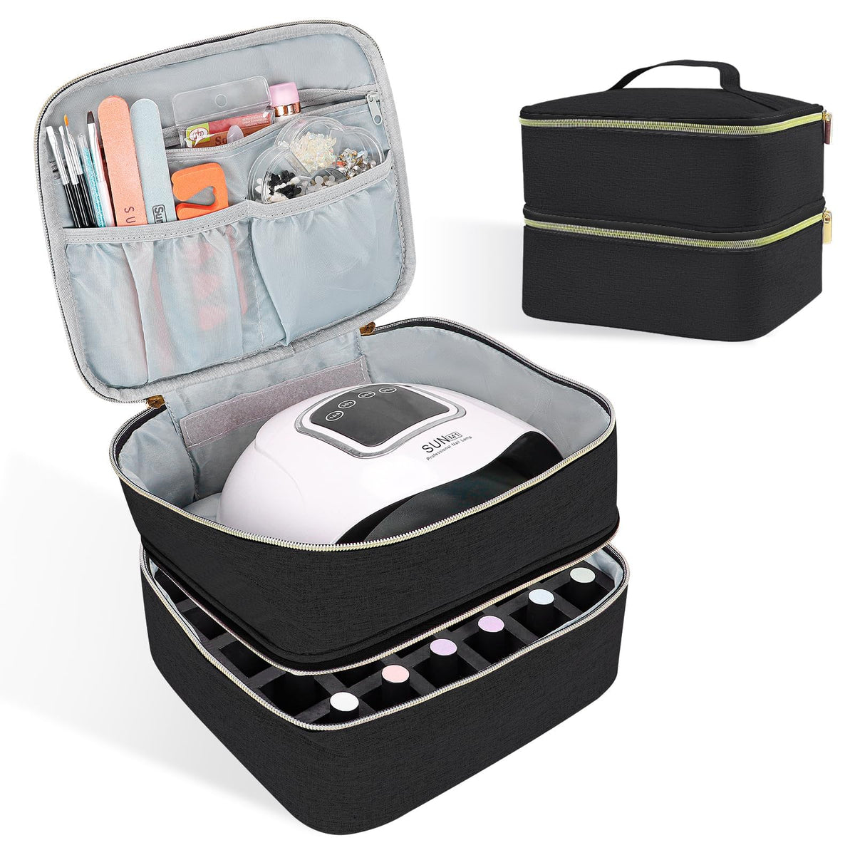 ALSLEA front view of black nail polish organizer showing durable exterior and handle