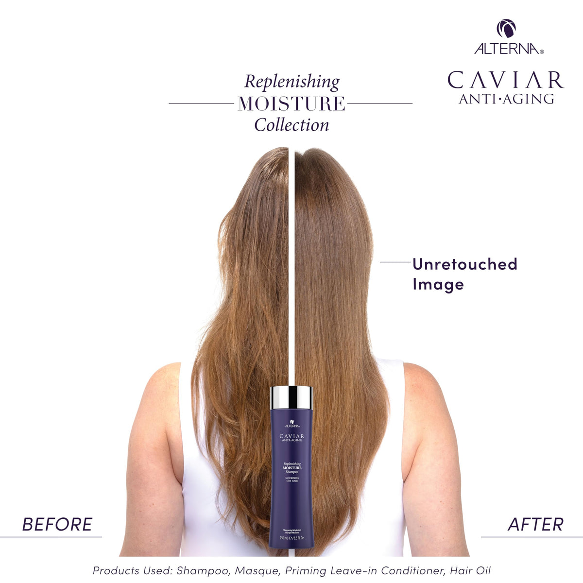 Alterna before and after hair comparison showing improved shine