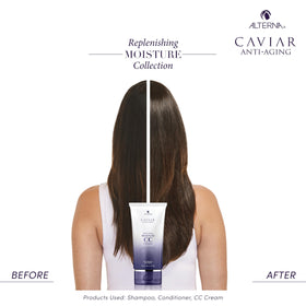 Alterna before and after hair shine comparison displaying visible gloss and frizz reduction