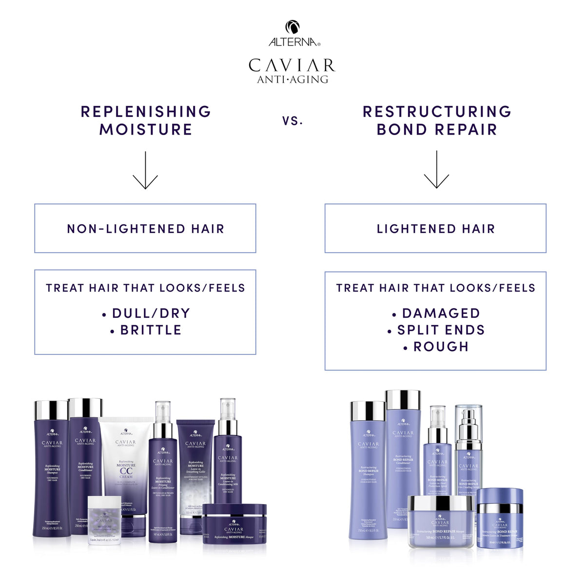 Alterna before and after hair showing improved shine and manageability