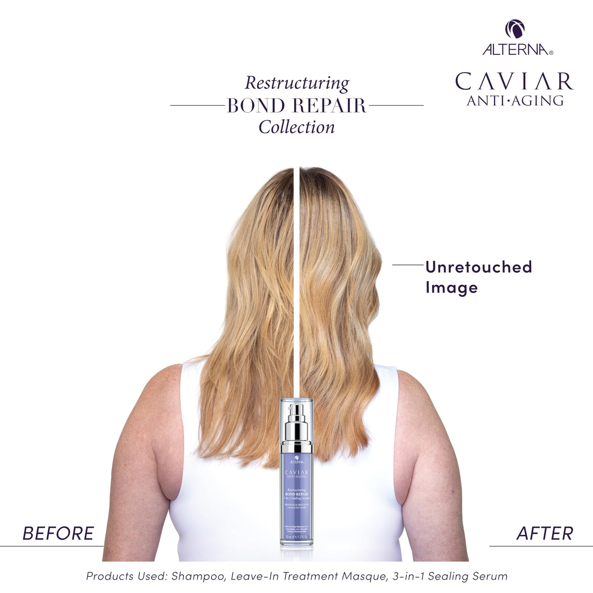 Alterna before-and-after hair comparison showing reduced breakage and smoother ends