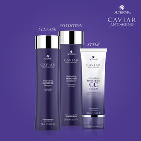 Alterna caviar applied to lengths and ends illustrating smoother, detangled hair
