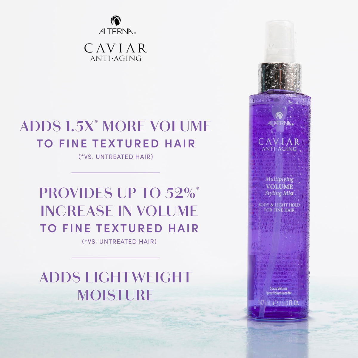 Alterna mist spray in motion creating fine particles for even lightweight lift