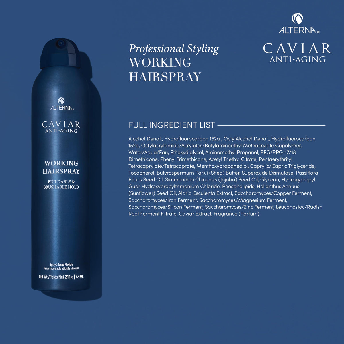 Alterna hairspray on styled hair controlling frizz and adding shine benefit
