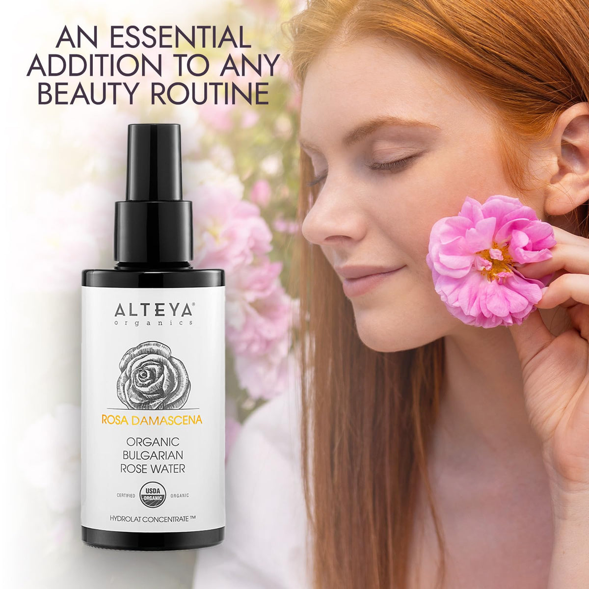 Alteya Organics bottle surrounded by fresh rose petals highlighting pure single-ingredient